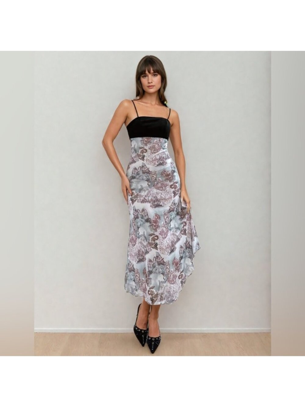 Asymmetric Hem Angel Printed Spaghetti Strap Dress - Picture 2 of 11